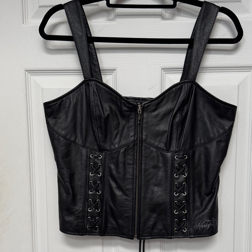 Harley-Davidson black leather corset top.